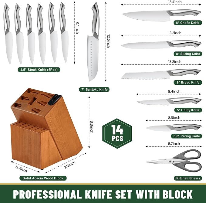 Knife Set, EWFEN 14-Piece Kitchen Knife Set with Block, German Stainless Steel Knives with Built-in Knife Sharpener, Anti-Slip Sharp Knives Set for Kitchen, Dishwasher Safe, Curved Handle