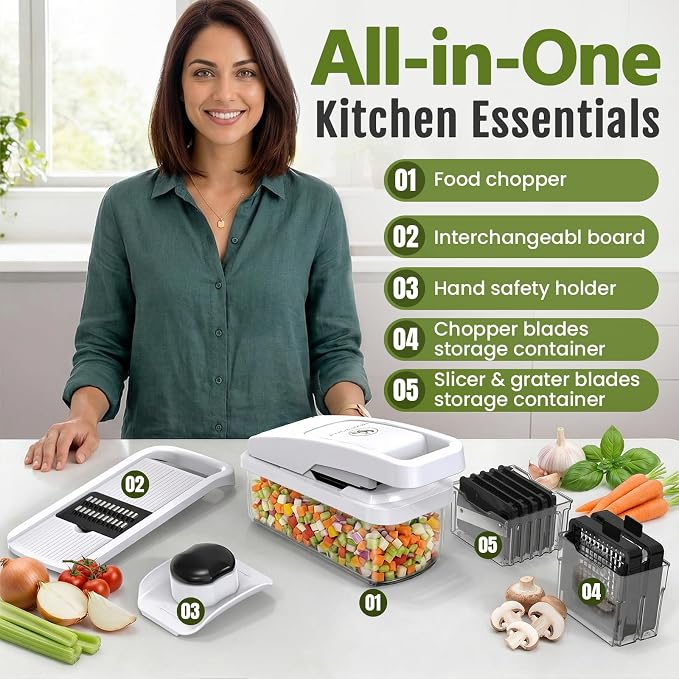 Multifunctional Vegetable Chopper & Mandoline Slicer, Veggie Chopper | Removable Grid ,8 Interchangeble Blades, Onion Chopper, Easy to Clean Food Chopper, Fruit Slicer Onion Dicer