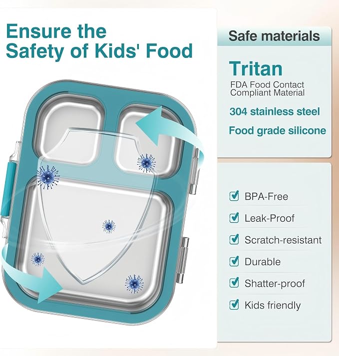 HOMEKOL Stainless Steel Bento Lunch Box, Blue, 3.3Cups | 3-Compartment,Leak-Proof, for Kids & Adults, BPA-Free, Dishwasher Safe, Clear Tritan Lid, 800ml (Not Insulated)