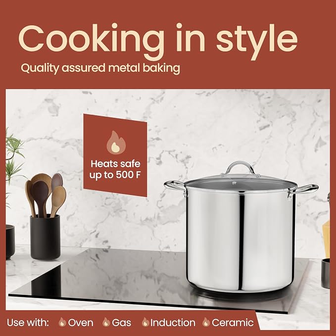 Stainless Steel Stockpot with Tempered Glass Lid 24 Quart, Durable 18/0 Stainless Steel, Impact-Bonded Base for Even Heating, Riveted Handles, Oven & All Stove Compatible, Safe Up To 500°F (260°C)