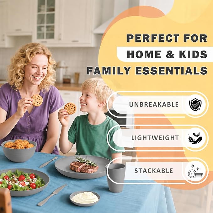 Kids Wheat Straw Dinnerware Sets for 4, 16 Piece Unbreakable Dinnerware Set, Kids Plates and Bowls Sets, Kitchen Plates and Bowls Set, Lightweight Dish Set for Party, Camping，RV - Grey