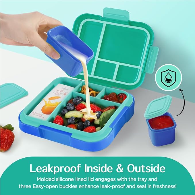 Caperci Bento Box for Kids Age 4-8 - 4.8 Cups Lunch Box with 2 Modular Containers - 4 Compartments Lunch Container, Leak-Proof, Portable Handle, Microwave/Dishwasher Safe (Jungle Green/Blue)