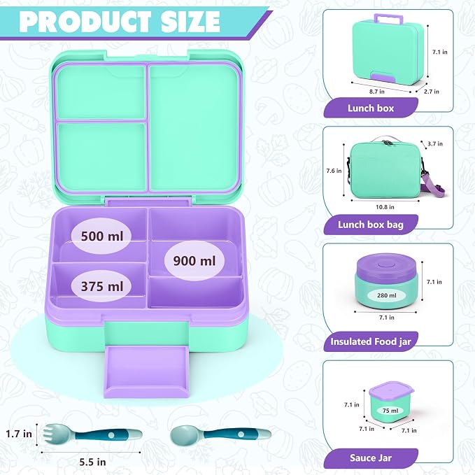 WyfKyd Bento Lunch Box Set with Soup Thermo Food Container for Kids Adults | Bento Box Set with 9.5oz Soup Thermo Kids Leak-proof Lunch Box Container with Insulated Hot Food Jar and Bag for School Green