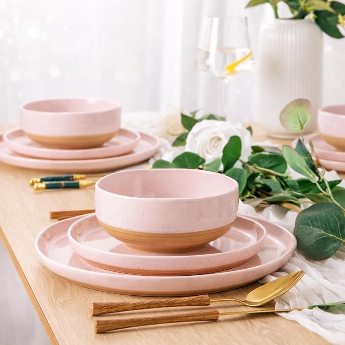 AmorArc Dinnerware Sets for 4, 12 Pieces Ceramic Plates and Bowls Set | Scratch Resistant Stoneware Dishes Set, Dishwasher & Microwave Safe, Cloud Pink