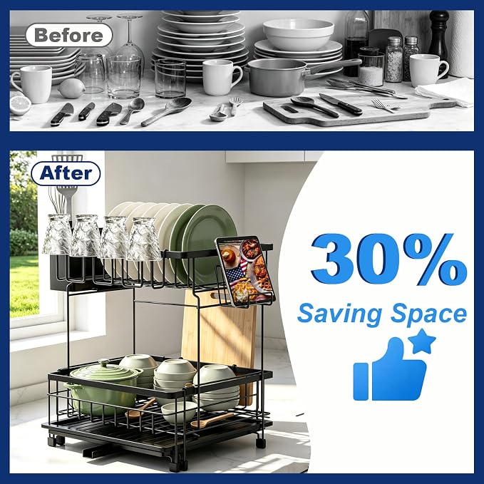 2 Tier Foldable Expandable Double Dish Drying Rack with Utensil Holder & Phone Holder, Over Sink Large Capacity Countertop Dish Dryer Organizer for Kitchen