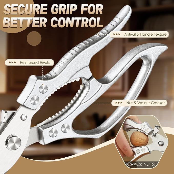 Huusk Poultry Shears Heavy Duty – All Purpose Japanese Kitchen Scissors | SK5 Steel Kitchen Shears for Meat, Fish, Vegetables, Chicken Bones, Turkey, Ergonomic Non-Slip Silver Handle, Gifts for Women
