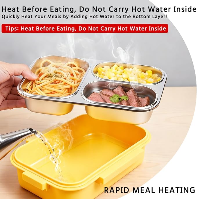 Stainless Steel Bento Lunch Box for Kids & Adults, 25oz, 3 Compartment | Super Leakproof, 304 Stainless Steel, Dishwasher Safe, BPA-Free,Capable of Heating Food