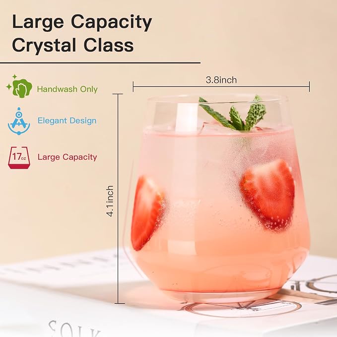 JOVGANK Pink Stemless Wine Glasses Set of 6 - Hand Blown White Red Stemless Wine Glass - 17 oz, [Lead-Free Crystal Glass] Large Short Glass Tumblers, Housewarming Gifts and Mother's Day Gift