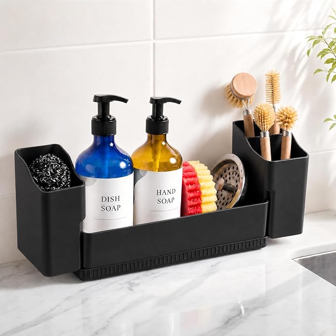 Sponge Holder for Kitchen Sink with Drying Stone, Black | Kitchen Caddy Sink Organizer, 2 Removable Cups, Premium ABS, Anti-Slip, 12.7" Sponge and Soap Holder for Kitchen Counter