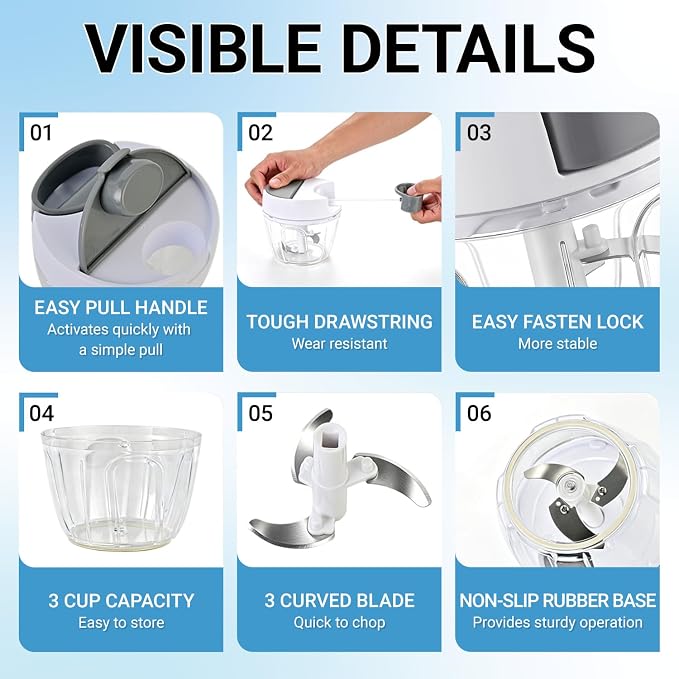 SUSTEAS Manual Food Chopper Pull Chopper with String, Garlic Mincer 650ml | Vegetable Cutter with String Garlic Mincer Onion Cutter for Veggies, Ginger, Salad, Fruits, Nuts, Herbs, etc, Gray