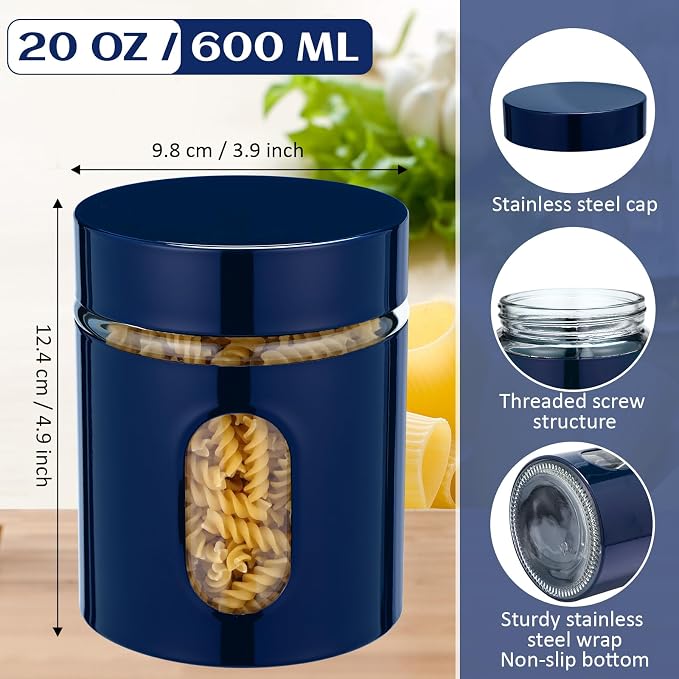 6 Pack Kitchen Canisters Set Airtight Coffee Sugar Tea Storage Jars with Window Glass Stainless Steel Containers with Lids for Flour Cookies Spices Grains Kitchen Decorations(Navy Blue,20 oz)