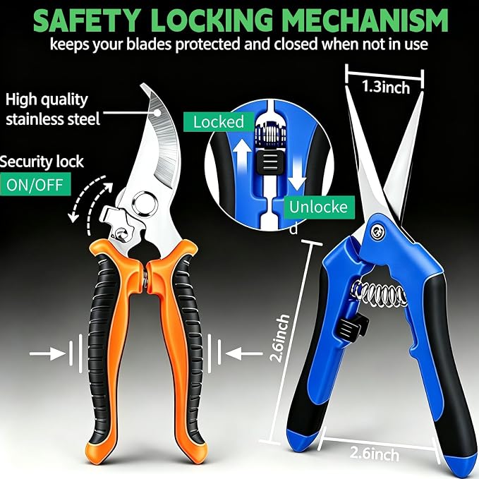 HoMaNa 4 Pack Garden Shears Pruning Set, Stainless Steel Multi-Blade | Sharp stainless steel blades with safety lock, spring ergonomic grips reduce hand strain, for flowers, bonsai garden