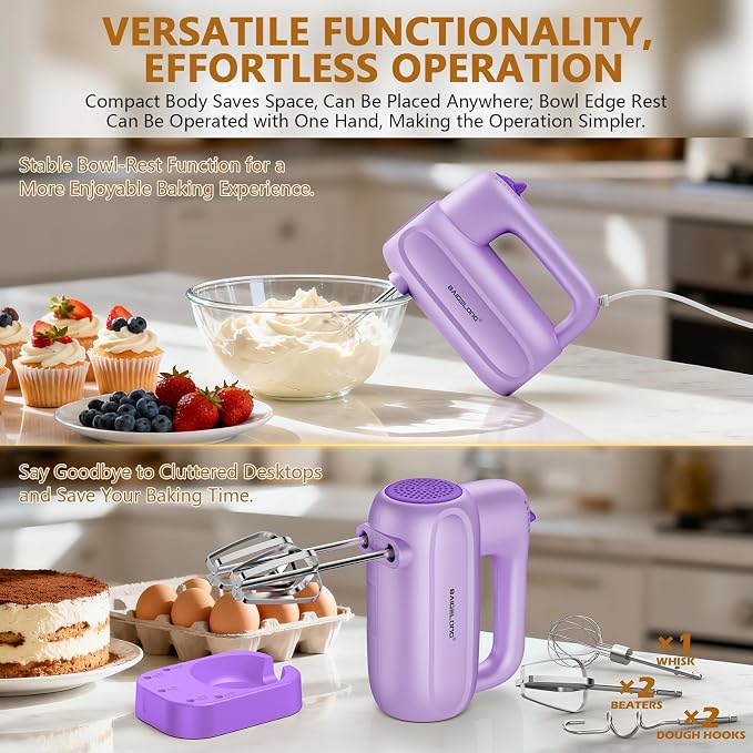 BAIGELONG Hand Electric Mixer, 5-Speed KitchenMixer with 5 * 304 Stainless Steel Attachments + Storage Base, Food Handheld Mixer for Baking, Whipping Cream, Cake Mixing, Purple