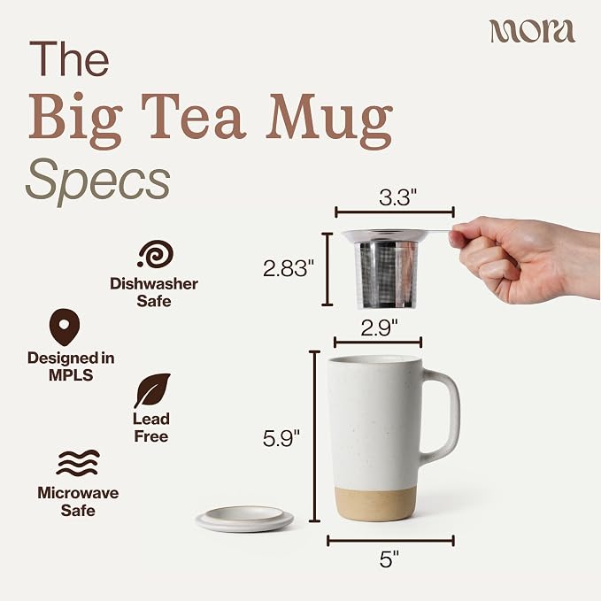 Mora Ceramics Large Tea Mug with Loose Leaf Infuser and Ceramic Lid, 18 oz, Portable, Microwave, Dishwasher Safe, Tall Coffee Cup - Rustic Matte Ceramic Glaze, Modern Herbal Tea Strainer, Oat