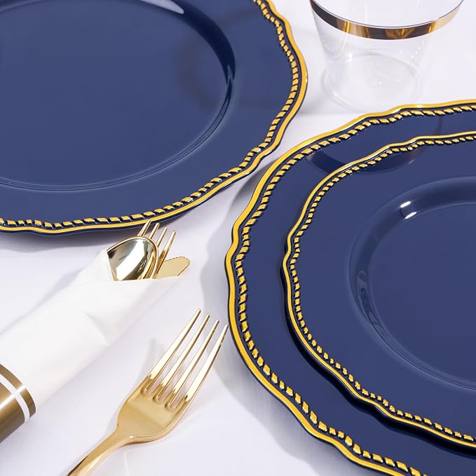 350 Pcs Blue and Gold Plastic Plates for Wedding & Party | Blue Plastic Dinnerware Set Includes 50 Dinner Plates, 50 Dessert Dinnerware, 50 Cups, 50 Rolled Napkin Cutlery