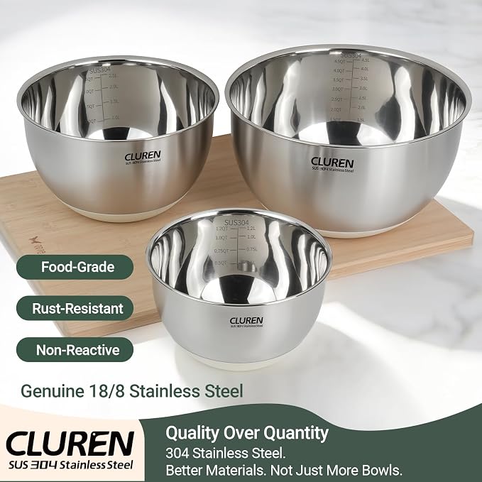 304 Stainless Steel Mixing Bowls of 3 (No lids) | Heavy-Gauge Metal Bowls with White Non-Slip Silicone Base – Nesting, Dishwasher Safe for Salad, Meal Prep