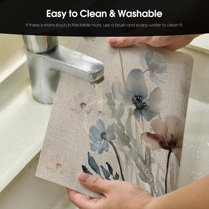 Artoid Mode Brown Poppy Floral Vinyl Spring Placemats Set of 6, Wipeable Plastic Woven PVC Table Mats for Party Kitchen Dining Decor, 12x18 Inch