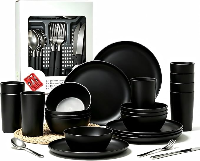 24pcs Matte Black Dinnerware Set, Plates Bowls & Cups, Unbreakable Dishes for 8, Reusable BPA‑Free Tableware, Dishwasher Safe for Kitchen Party Picnic Camping, Bonus Cutlery Set Included