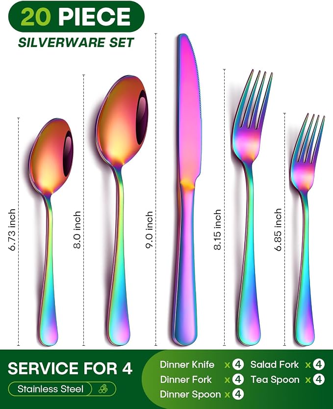 PHILIPALA 20 Piece Rainbow Silverware Set, Stainless Steel Flatware Set for 4 Colorful Novelty Flatware Cutlery Utensil Set Include Knife Fork Spoon Food Grade Mirror Polished Dishwasher Safe
