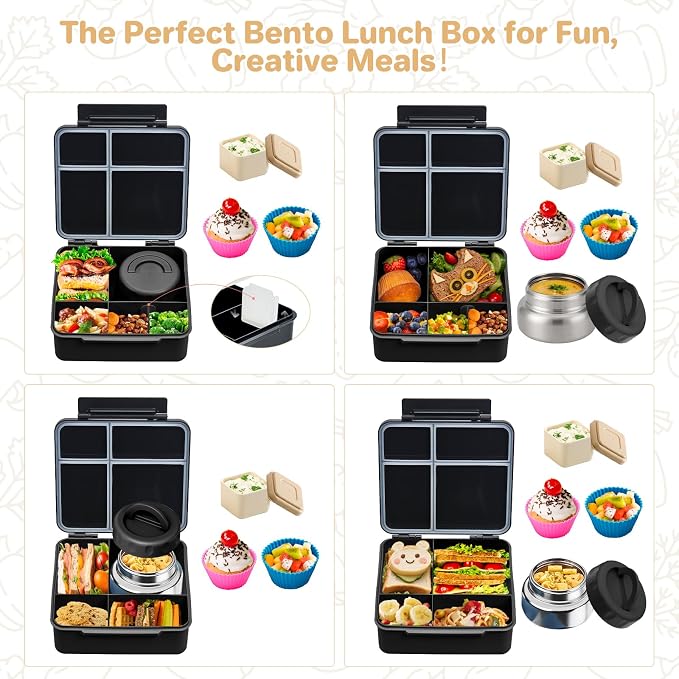 JSLOVE Bento Lunch Box with Leak Proof Thermos Food Jar for Kids, Food Lunch Containers for Boys with 4 Compartments, BPA-Free with Utensils, Food Picks, Sauce Jar & Silicone Lunch Box Dividers