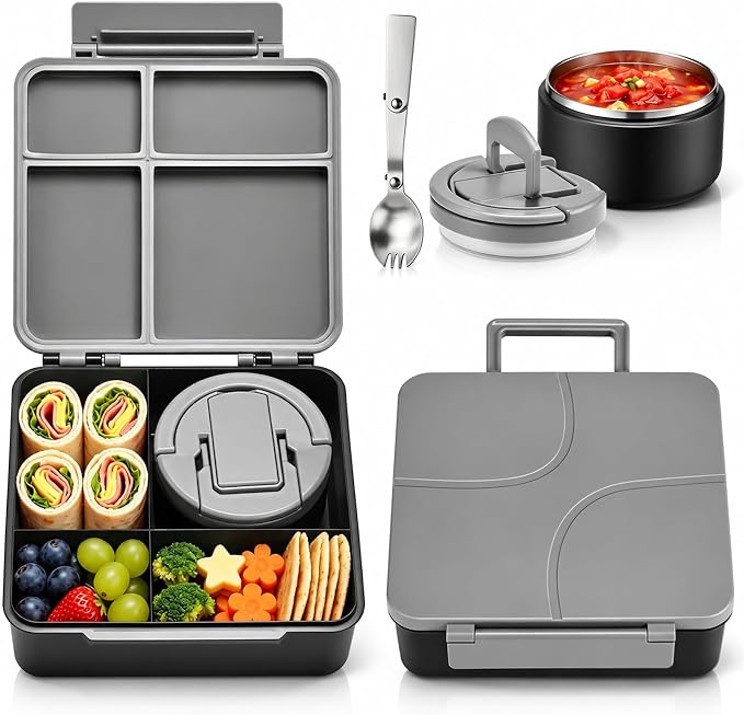 Bento Lunch Box for Kids with 8oz Soup Thermo,Kids Leakproof Lunch Food Containers with 4 Compartment,Kid Insulated Thermo Hot Food Jar for School,Trvael-Black