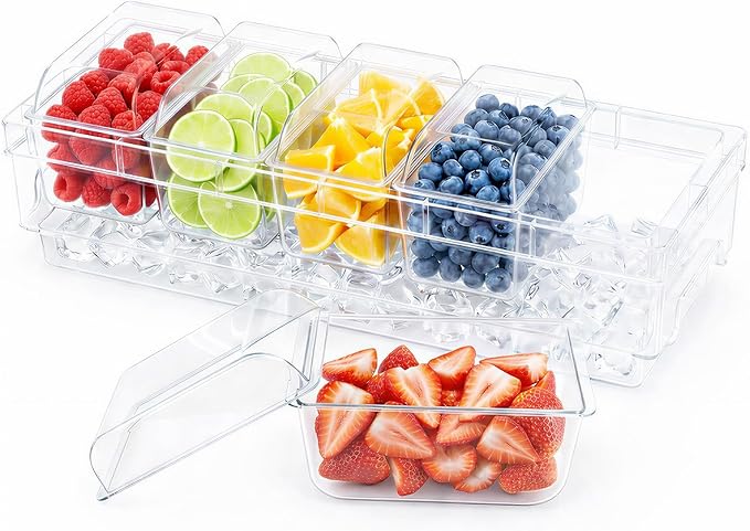 Lifewit Chilled Condiment Container with Individual Lids & Handle Design | Available with Spoons & Tongs, BPA-free Condiment Caddy with 5 Containers, Ice Garnish Tray for Taco, Mimosa & Dirty Soda Bar