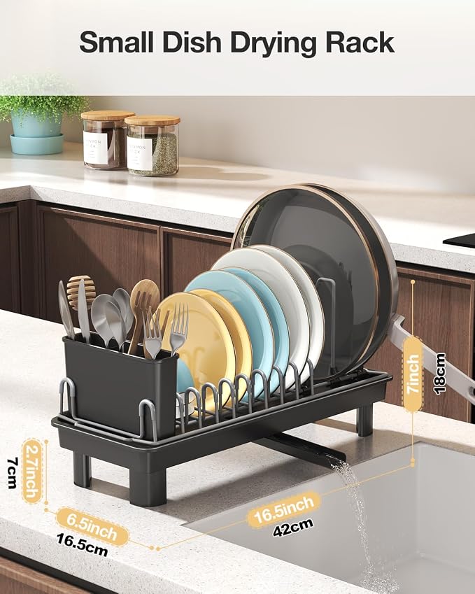 Small Dish Drying Rack Carbon Steel Dish Rack Rustproof for Kitchen Counter Compact Dish Drainer with Adjustable Slots for Small Kitchens & Apartments 16.5×6.5×7inch Black