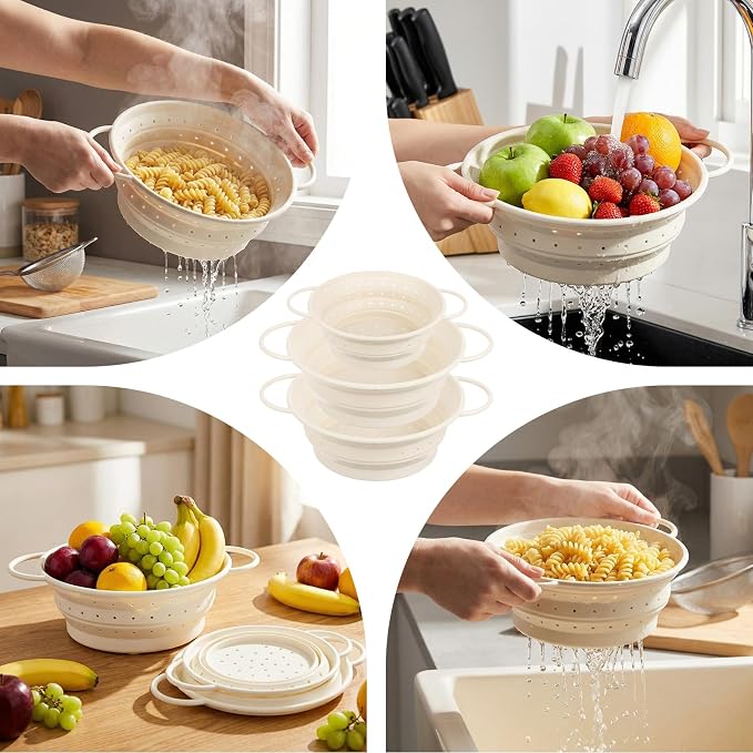 3 Pack Collapsible Colander with Strainer Bowl Set,White | 11 & 13 In Silicone Colanders for Kitchen, Heat-Resistant Strainer Dishwasher Safe Baskets for Vegetable Fruits