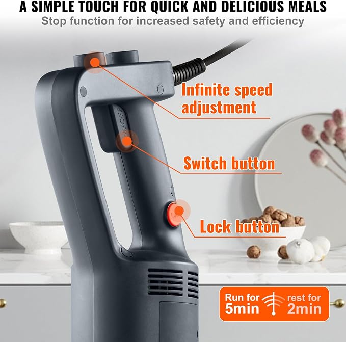 VEVOR 500W 12 Inch Heavy Duty Hand Mixer, Variable Speed Stick Mixer with 304 Stainless Steel Blade, Multi-Purpose Portable Mixer for Soup, Smoothie, Puree, Baby Food