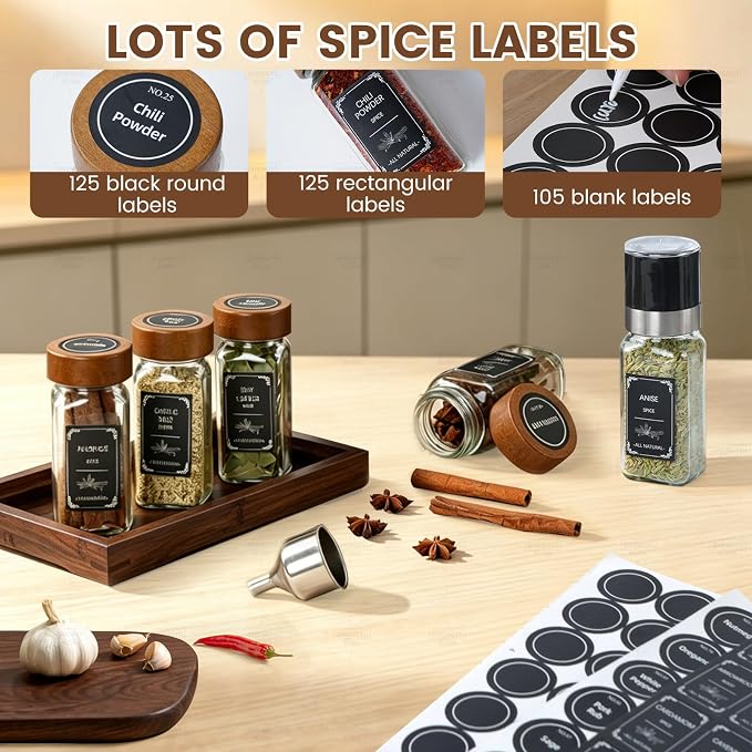 2 Pack Spice Rack with 24 Spice Jars, 4OZ Wood Lid Spice Containers with Expandable Spice Organizer Shelf, Spice Labels, Pepper Grinder Lids, Chalk Marker & Funnel Set for Drawer Kitchen Countertop
