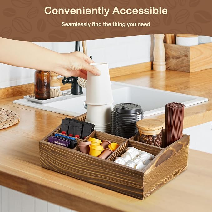 Burnt Wood Coffee Station Organizer for Countertop, Coffee Bar Accessories and Organizer, Rustic Coffee Pod Holder Storage Basket for K Cup Sugar Tea