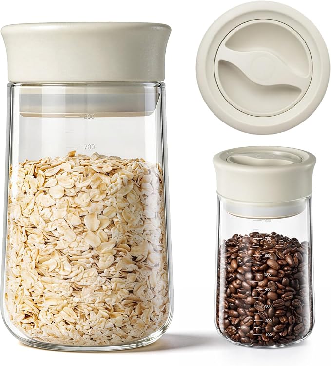Airtight Glass Jar with Lid, Twist-Seal for Coffee Bean, 27 fl oz | Wide Mouth Coffee Storage Container With Scale, Clear Borosilicate, Easy Open/Clean, Lock Freshness for Grounds, Flour, Nuts