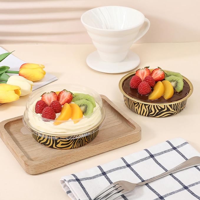 Beasea 4 Inch Pie Tins with Lids, 50 Pack 7.3 Oz Disposable Mini Tart Tins, Aluminum Foil Baking Tins Small Round Muffin Container Mini Cheesecake Cups for Pie Tart Quiche - Tiger Stripes