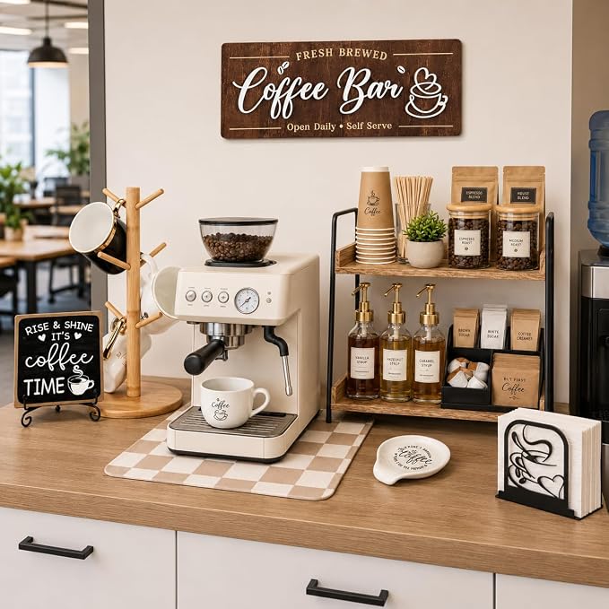 7 PCS Coffee Bar Accessories Set, Farmhouse Coffee Station Organizer Kit | Kitchen Coffee Table Decor for Countertop, Napkin Mug Holder Spoon Rest Tray Mat Sign, Kitchen Home Decor Gifts for Men Women