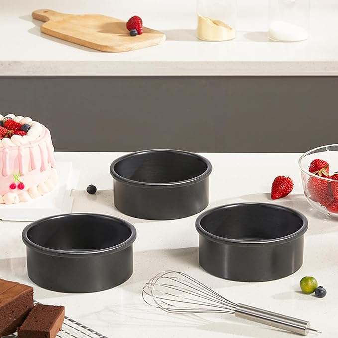 6 Inch Round Cake Pan Set for Baking with Healthy Parchment Paper, Nonstick Deeper Circle Cake Pans with Wider Grips, 3 Pieces Premium Layer Cake Tin, Cheesecake Mold, Huty Duty - Grey