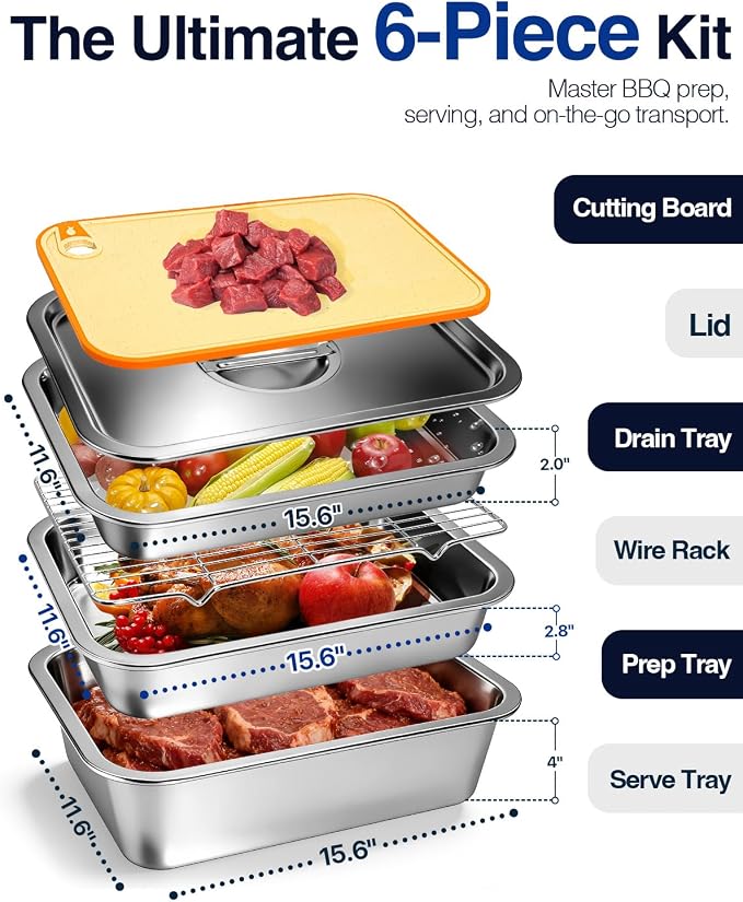 Pro 6 in 1 Grill Prep Tray and Carry System, Large Grilling Prep and Serve Trays with Lid and Cutting Board, Deep Meat Marinating Container as BBQ Grilling Gift, Pro Series, XL