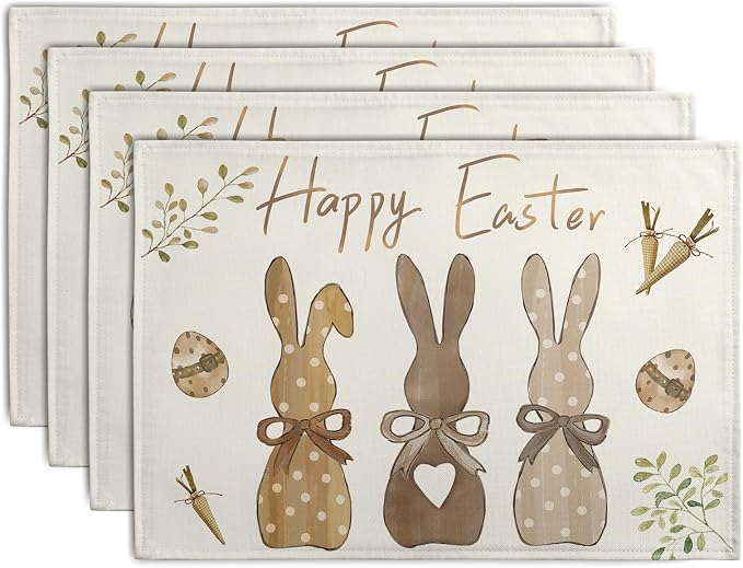 Happy Easter Bunny Placemats Set of 4 Easter Rabbit Egg Carrots Linen Fabric Table Mats Spring Seasonal Rustic Holiday Washable Place Mats for Party Kitchen Dining Indoor Decor 12x18 Inch