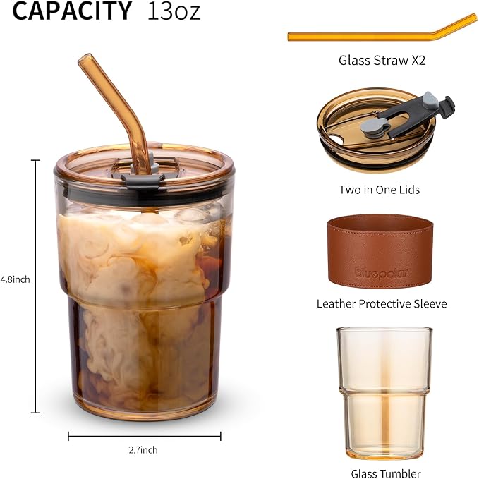 BLUEPOLAR 13oz/400ml Tumbler Water Glass, Cups with Straw and Lid Sealed Carry on for Coffee, Iced Tea, Thick Wall Insulated Glass Cup (Amberwith Protect Sleeve)