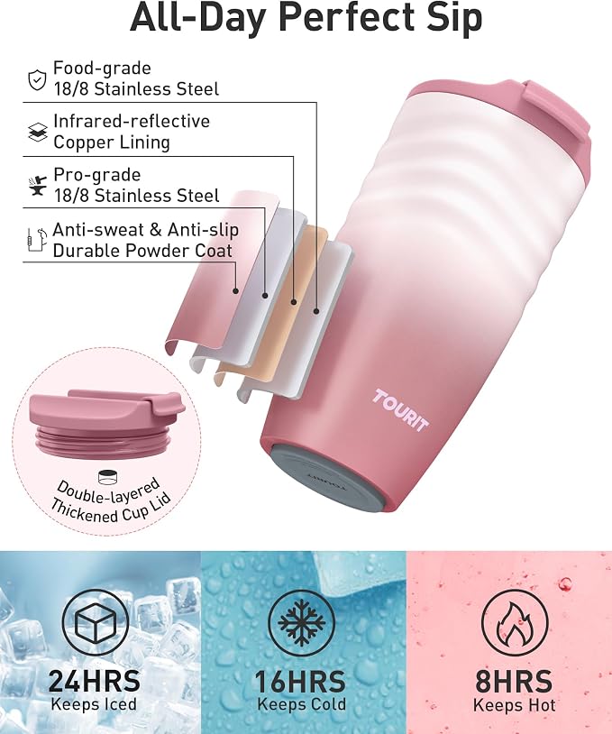 TOURIT 16 oz Insulated Travel Coffee Mug Stainless Steel Tumbler, Pink | Vacuum insulated travel mug with ripple-wave anti-slip grip, leakproof lid & silicone bottom, fits standard car cup holders