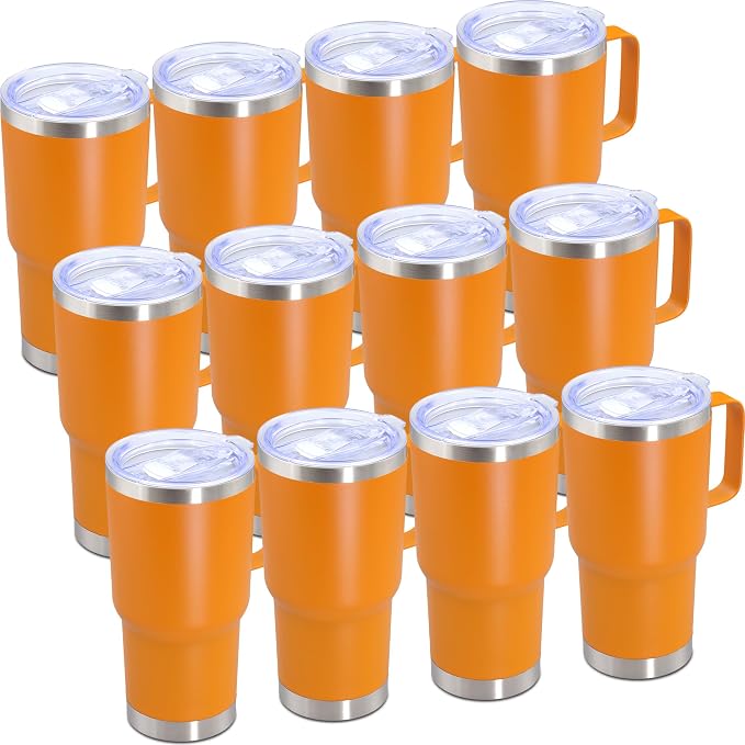 20 oz Tumbler with Handle Coffee Tumblers with Lid Travel Mug Orange 12P | 20oz Tumblers with Handle Double-Wall Insulated Vacuum Coffee Mugs Stainless Steel Tumbler with Handles&Lid Orange 12P