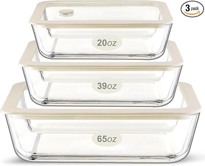 Glass Food Container Set with Glass Lid, 3 Pack, Meal Prep Containers with Silicone Framed Airtight Lid, Leakproof, 100% Plastic Free,