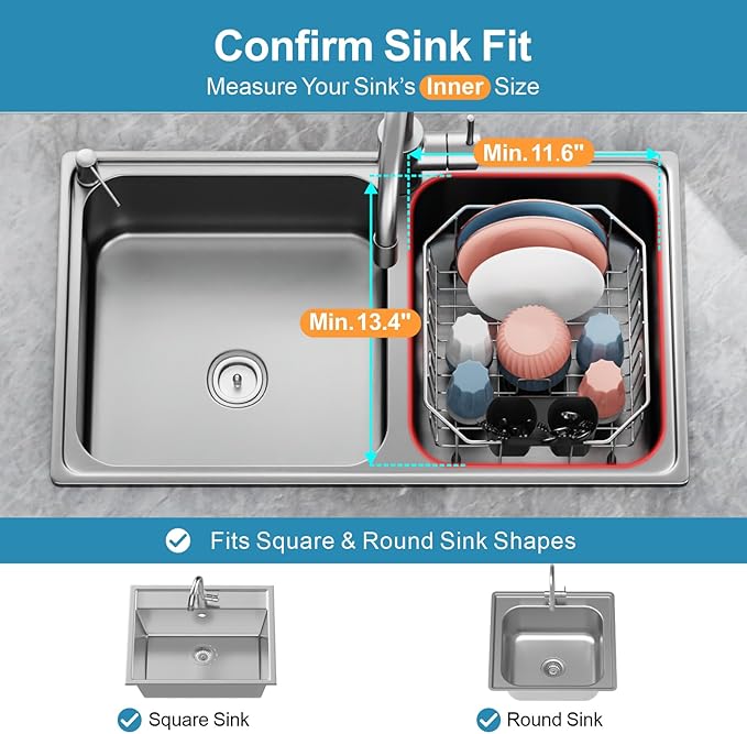 Small in Sink Dish Drying Rack - Stainless Steel for RV Kitchen | Compact Design for Apartments, 1-2 Person, Utensil Holder, Cup Hooks, Angled Corners Fit Square & Round Sinks, 11.6" x 13.4"