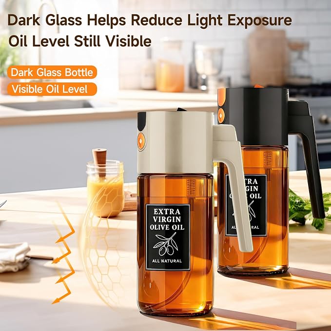 2-Pack 2-in-1 Oil Sprayer & Dispenser Dark Glass Fine Mist No-Drip | Two 500ml dark glass bottles for family cooking, meal prep & oils; food-safe, 304 filter, wide-mouth refill/cleaning.