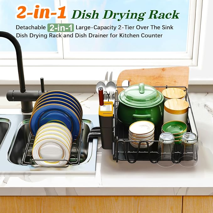 Runnatal Large Dish Drying Rack Stainless Steel Sink for Kitchen | 2 Tier Extendable Stainless Steel Dish Rack Used in Sink & Kitchen Counter, with Drainboard Set & Utensil Holder & Cup Holder