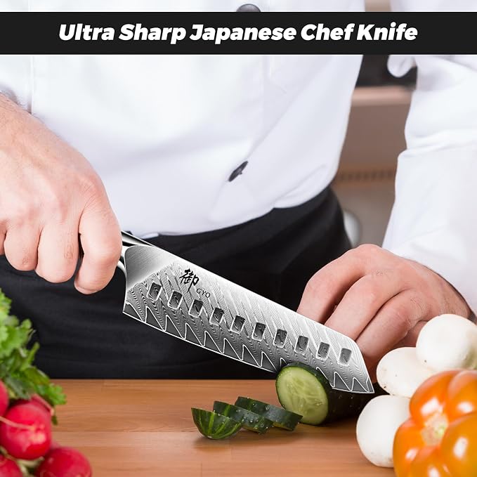 SHAN ZU Damascus Chef Knife Santoku Knife 7 Inch | Professional Kitchen Knives, 67 Layers Damascus Stainless Steel 10Cr15CoMoV Cooking Knife with G10 Handle/Gift Box