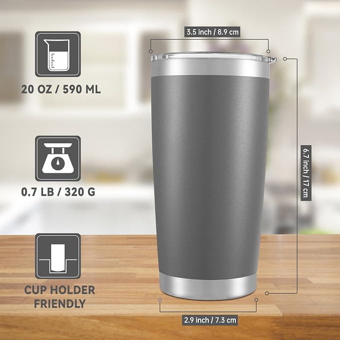 20 oz Tumblers Bulk Stainless Steel Tumbler with Lid, 6 Pack | Gray, 20oz Insulated Coffee Mug, Double Wall Vacuum, Powder Coated Cup, for Hot and Cold Drinks