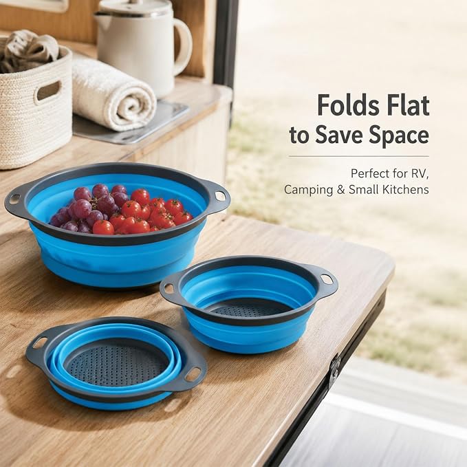 Collapsible Colander Set, 3 Pack Silicone Kitchen Strainer Set, Space Saving Design, Small Round Colander Baskets for Draining Pasta, Vegetable and fruit, (3Qt+4Qt+5Qt)