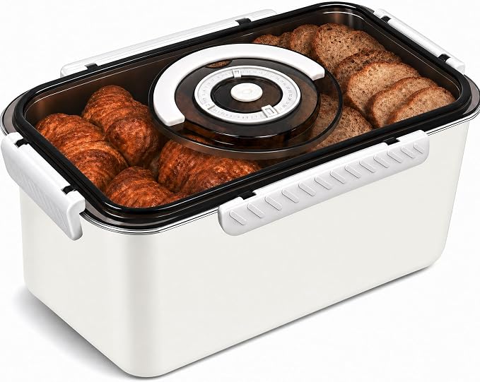 Bread Storage Stainless Steel Bread Box for Homemade Bread Airtight,Beige | 304 Stainless Steel;Airtight;Date Dial;5800ML Large Capacity (13.0 × 7.1 × 5.7 in);Dishwasher Safe;Portable Handle;Leak-Proof