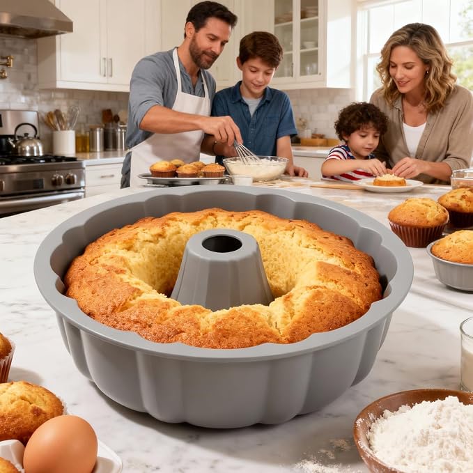SOV silicone cake pan, silicone Cake Molds, Bakeware Non Stick 10 inch Pan for Jello,Gelatin,cake, Silicone Baking Molds for Cakes, Round Baking Pan (grey+1 pack)