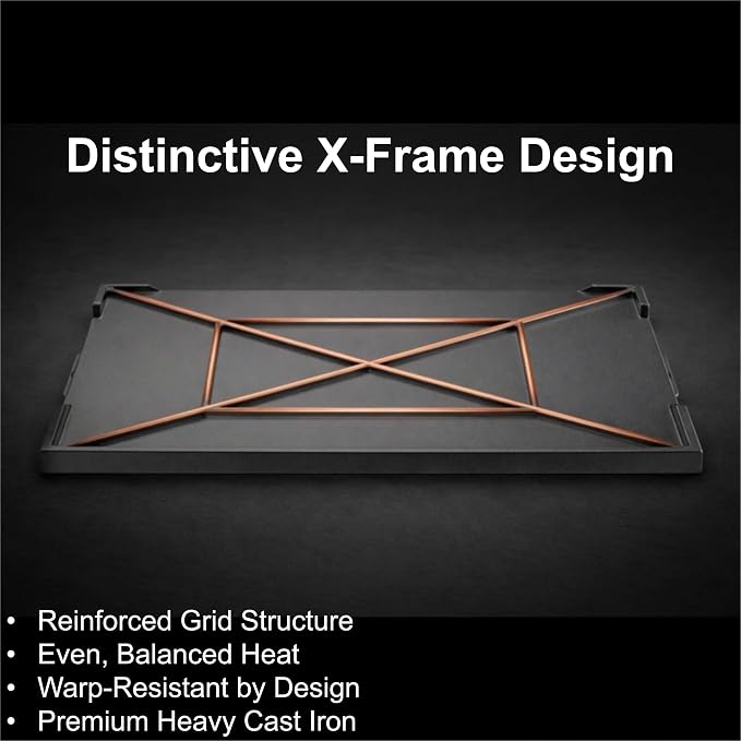 QuliMetal 23 x 16 Inch Cast Iron Griddle for Gas Grills and Stove Tops | Universal flat-top griddle with pre-seasoned coating and X-shaped reinforced base for camping, tailgating and backyard BBQs
